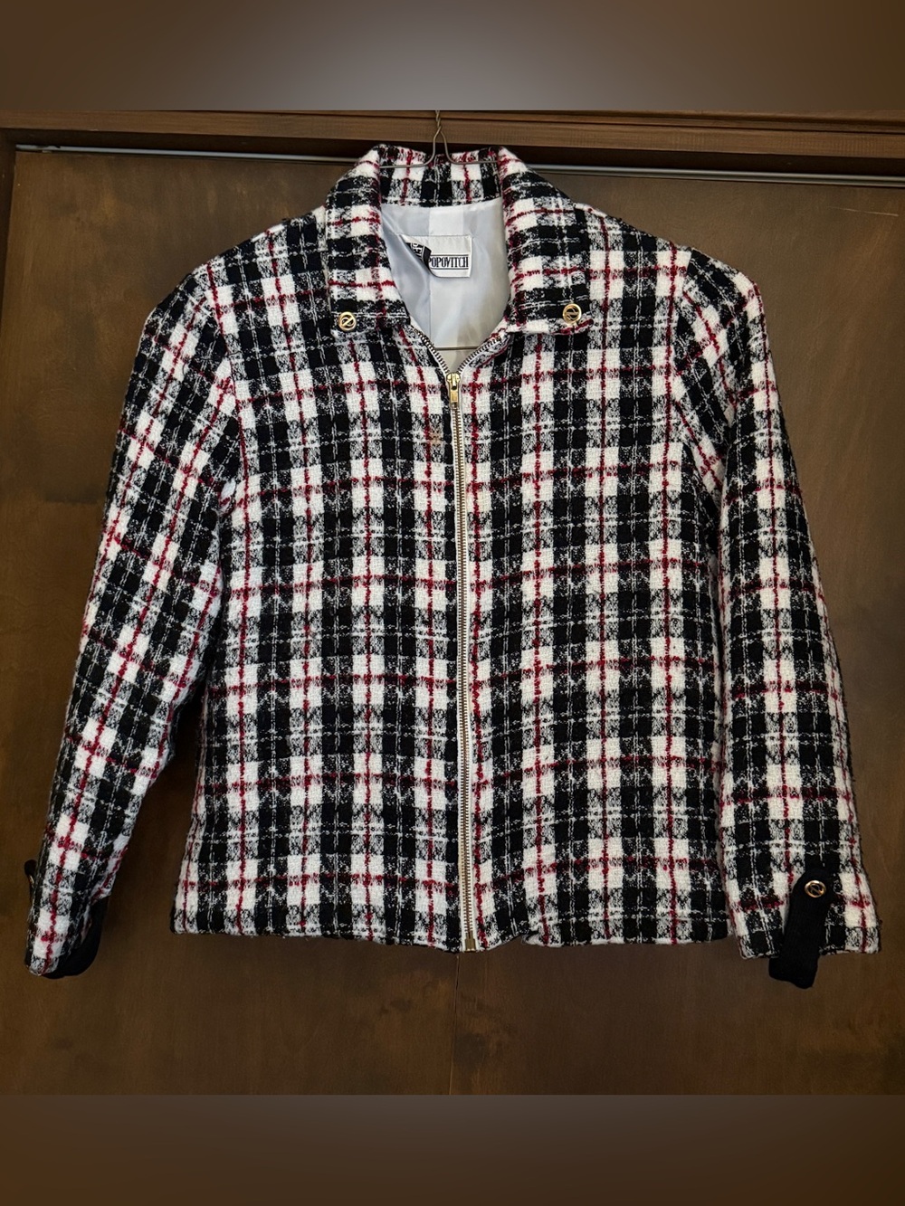 Vintage Peter Popovitch Plaid Tweed Zip Up Jacket - Black White Red Size 14P